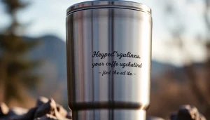 Graviruoti metaliniai termo puodeliai, demonstruojantys asmeniškai pritaikytą dizainą natūralioje lauko aplinkoje.