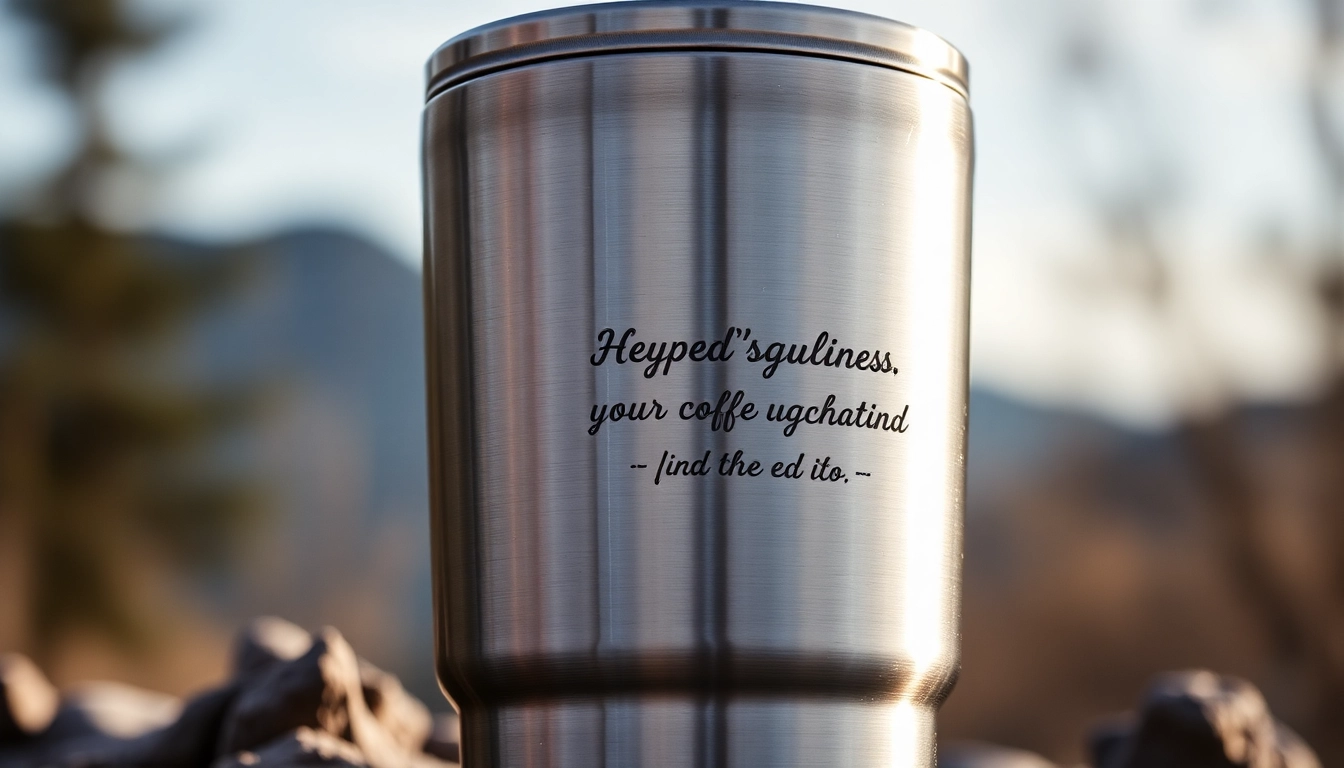 Graviruoti metaliniai termo puodeliai, demonstruojantys asmeniškai pritaikytą dizainą natūralioje lauko aplinkoje.