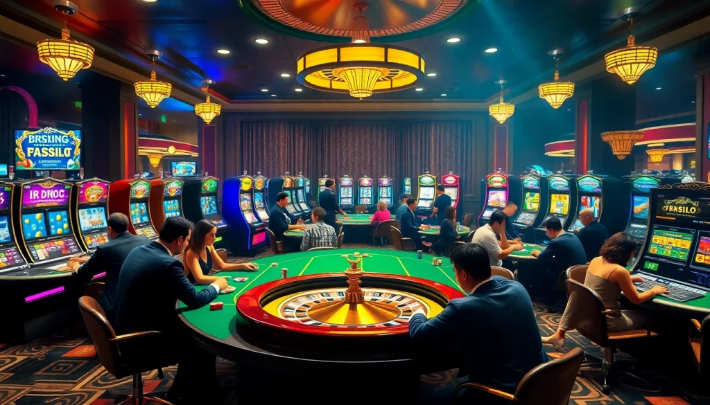 Players enjoying idnslot games at a luxurious casino, surrounded by vibrant slot machines.