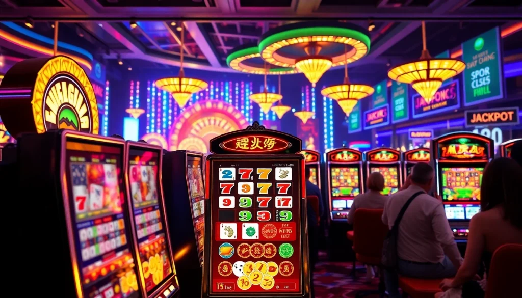 Experience the thrill of slot demo mahjong with vibrant machines and dynamic players in a casino setting.