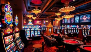 Engaging scene of slot gacor terpercaya with vibrant slot machines and players in a luxurious casino setting.