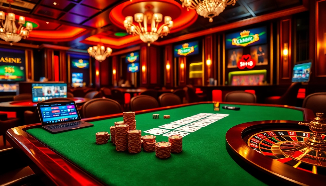 A thrilling poker game scene featuring kp 88 cards, chips, and a roulette wheel in an upscale casino setting.