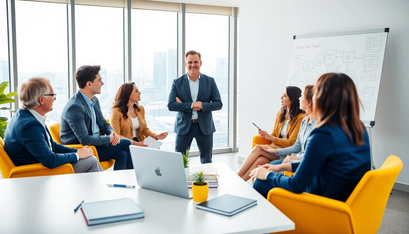 Engaging business coaching service session with a professional coach and diverse clients.