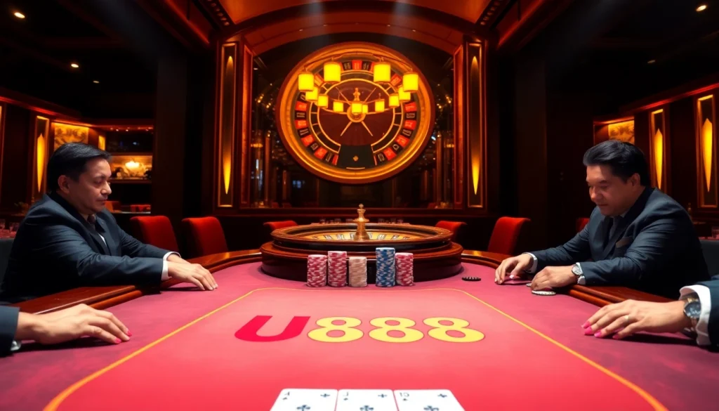 Players engage at a U888 poker table, showcasing colorful chips and cards in a luxurious casino setting.