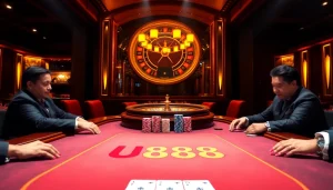 Players engage at a U888 poker table, showcasing colorful chips and cards in a luxurious casino setting.