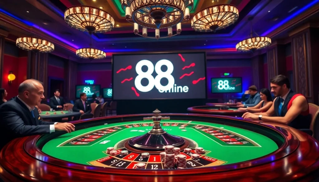 Players placing bets at a luxurious roulette table featuring the 88online logo.