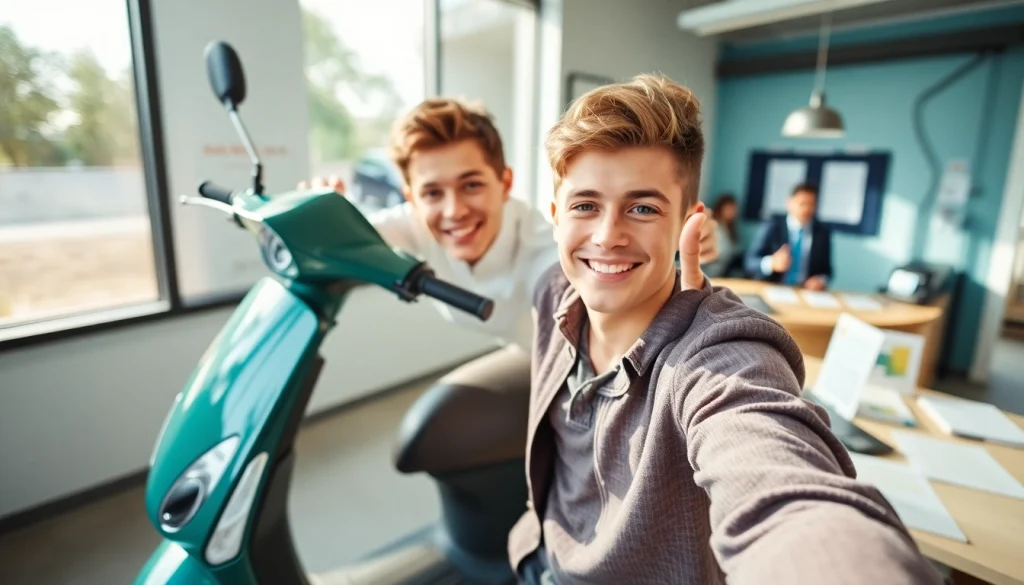 Scooter rijbewijs kopen at a driving school, showcasing excitement and readiness to ride.