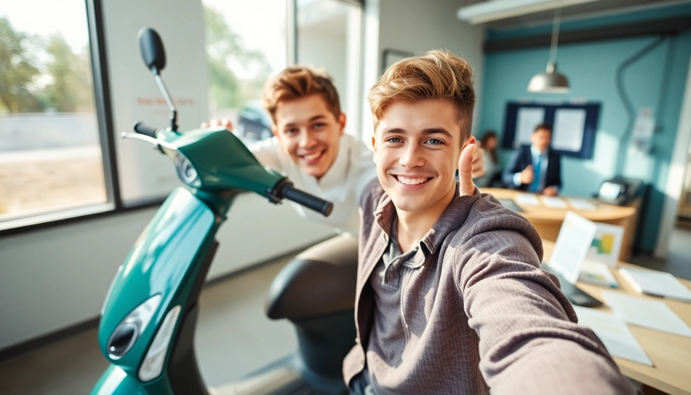 Scooter rijbewijs kopen at a driving school, showcasing excitement and readiness to ride.