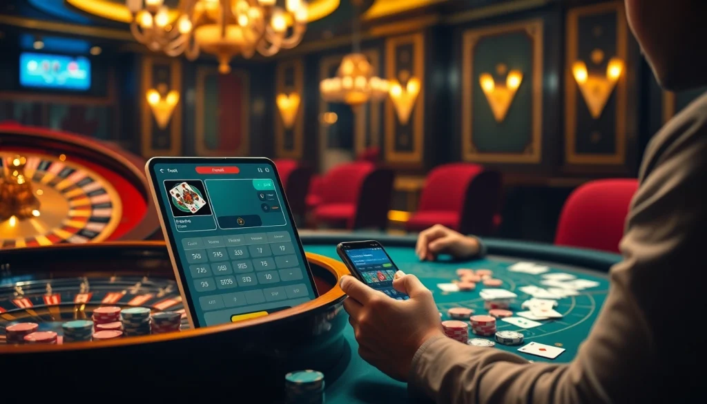 Engaging scene of Tool xổ số siêu tốc with roulette and poker elements in a luxurious casino.