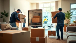 Movers organizing household items during a home relocation in a sunny setting.