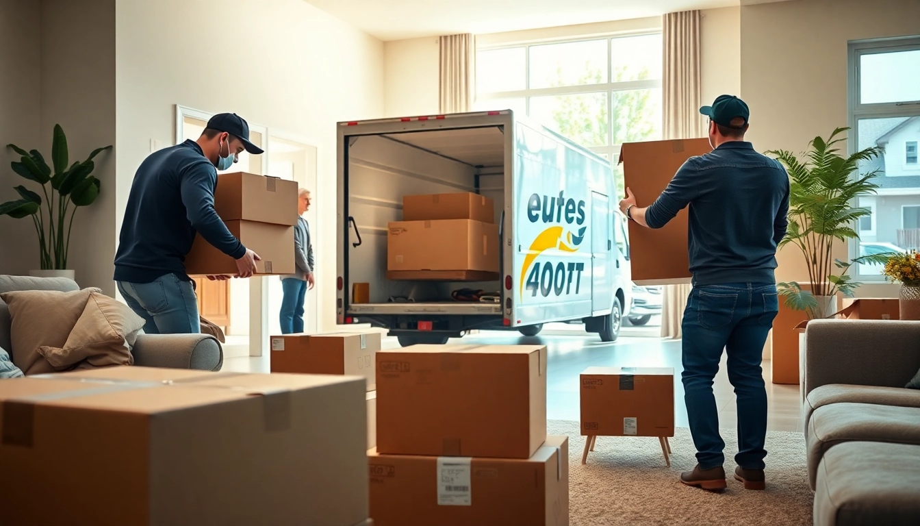 Movers organizing household items during a home relocation in a sunny setting.