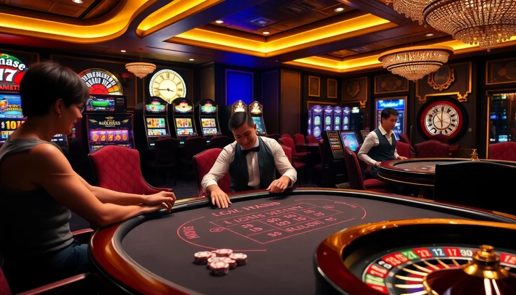 Players enjoying blackjack at 98win's luxurious casino, with vibrant slot machines in the background.