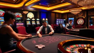 Players enjoying blackjack at 98win's luxurious casino, with vibrant slot machines in the background.