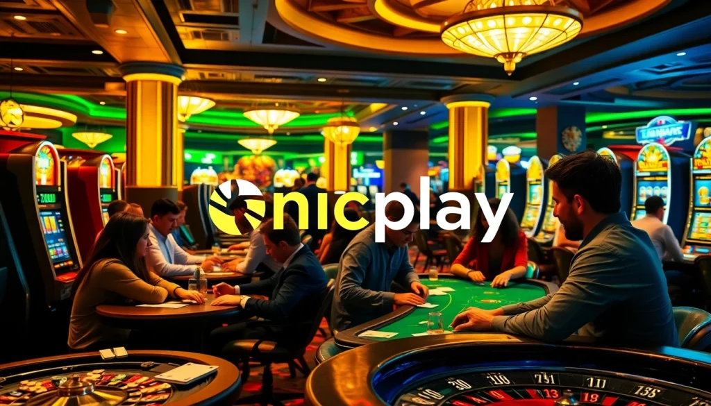 Players strategizing at onicplay's exciting casino tables in a vibrant, luxurious setting.