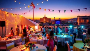 Las Vegas Party Rentals setup featuring a festive outdoor tent, stylish tables, and joyful guests celebrating an event.