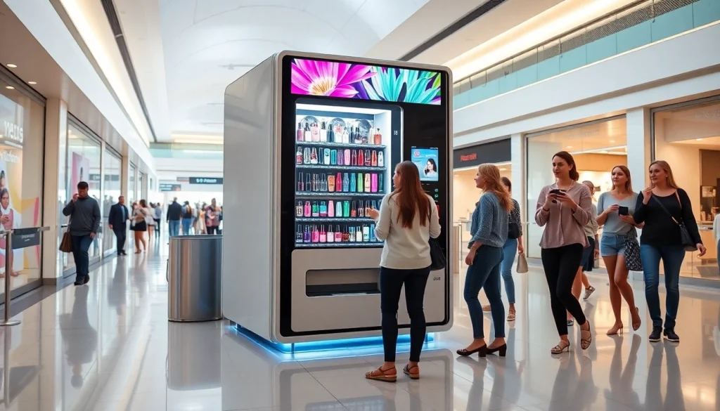 Nail vending machine offering vibrant nail art designs in a modern mall.