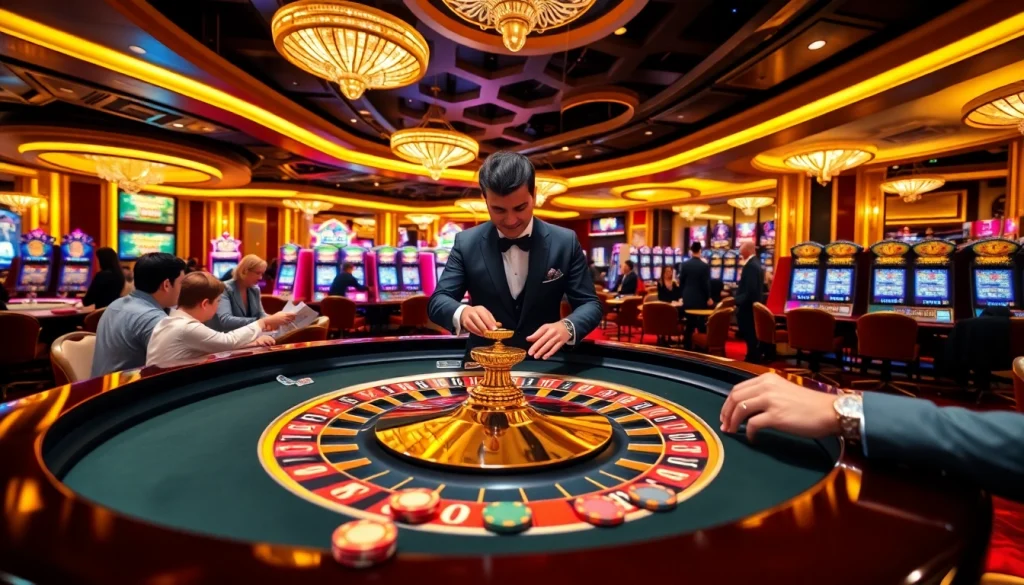 Experience the thrill of betting at 7upbet with a vibrant casino scene showcasing roulette and poker.