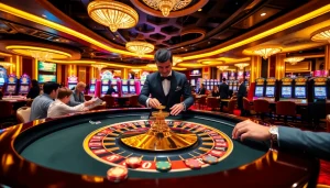 Experience the thrill of betting at 7upbet with a vibrant casino scene showcasing roulette and poker.