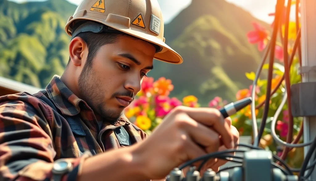Electrician apprenticeship Hawaii participant working hands-on with tools in vibrant setting.