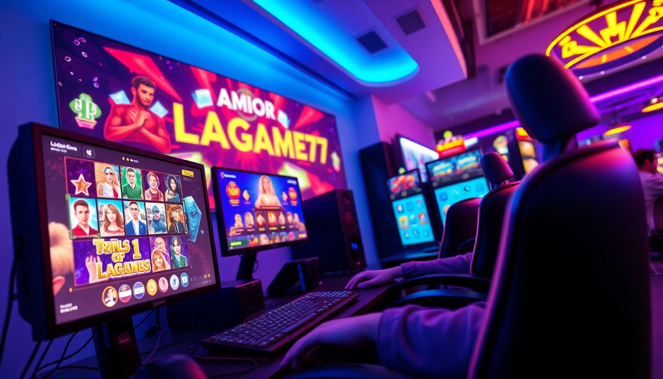 LAGAGAME77 online gaming setup showcasing vibrant slot games and engaging avatars.