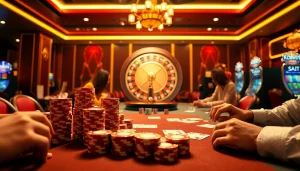 Exciting gambling action at https://kkwin.life/ with players at a poker table and a roulette wheel.