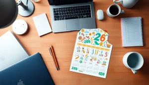 Printable calendar 2026 displayed on a cozy workspace with stationery and ambiance.