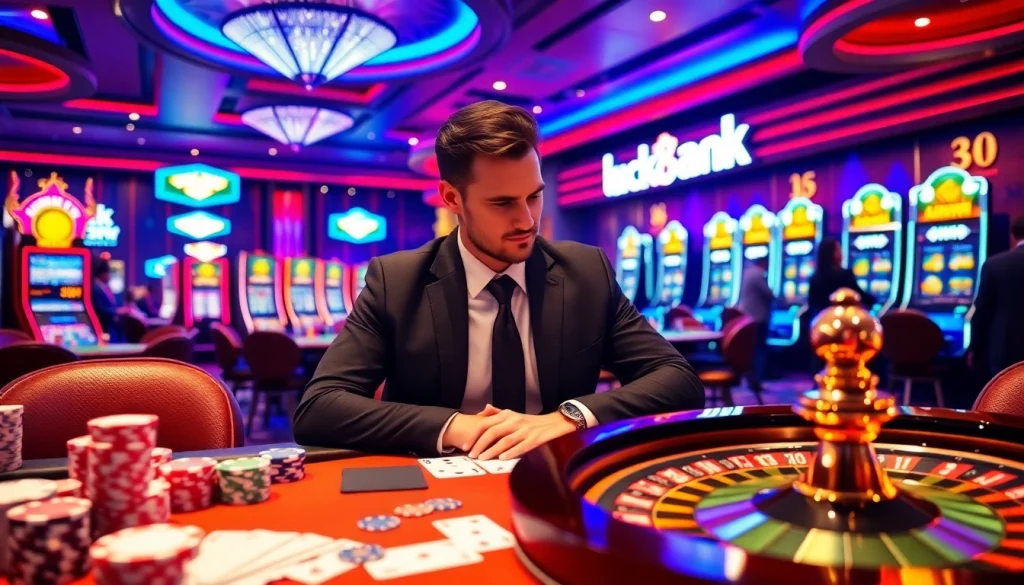 Luxury casino scene featuring exciting gambling action at luck 8 tables.