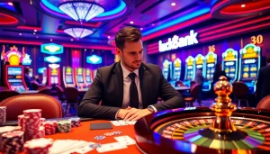 Luxury casino scene featuring exciting gambling action at luck 8 tables.
