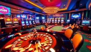 Experience the thrills of GO88 with a luxurious casino setting showcasing roulette and poker action.