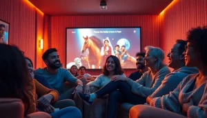 Rebahin film viewing in a cozy home theater with an engaged audience.