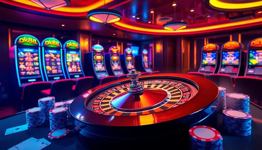 Experience thrilling gameplay at ok88 with luxurious casino tables and vibrant slot machines.