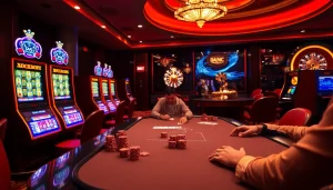 Betting excitement at a casino table with s8 poker chips and vibrant slot machines.