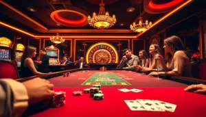 SODO-themed casino scene with players at blackjack table, roulette wheel, and slot machines.