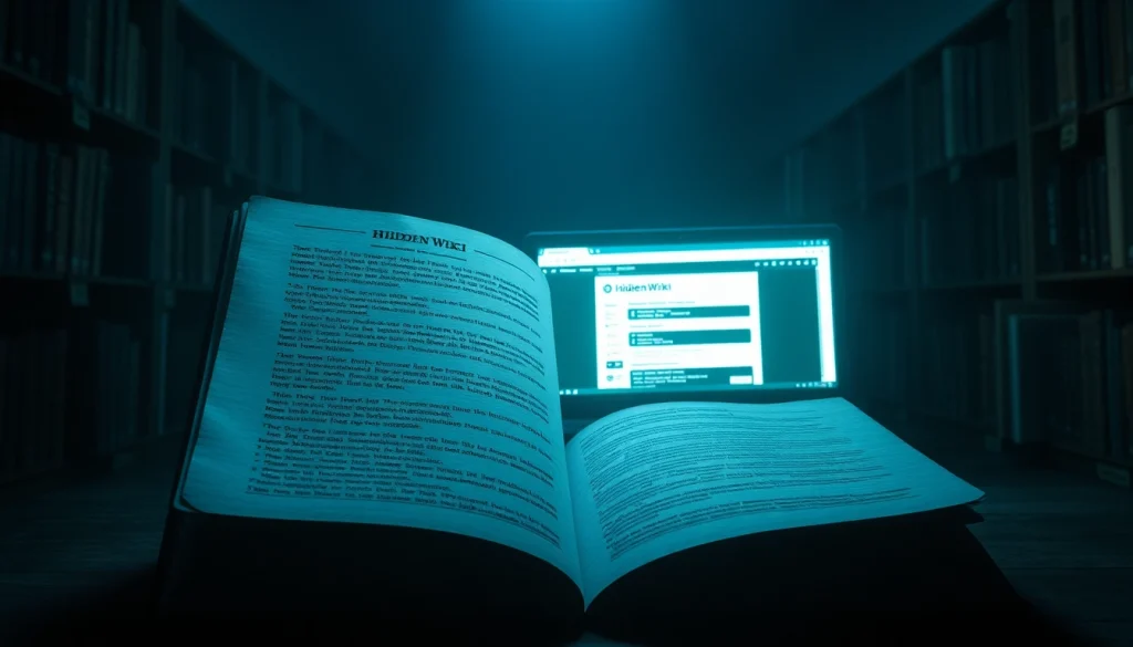 The hidden wiki illustrated in a mysterious library setting, featuring cryptic links and a glowing computer screen.