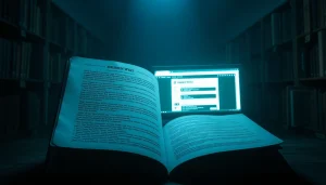 The hidden wiki illustrated in a mysterious library setting, featuring cryptic links and a glowing computer screen.