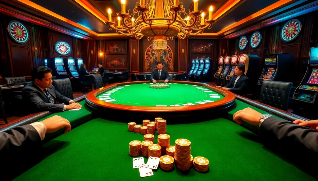 Engaging gamblers at a luxury poker table showcasing S8 poker chips and vibrant cards.