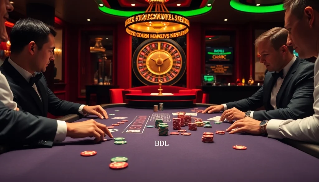 Players enjoy a high-stakes game at a luxurious casino table featuring BDJL-themed poker chips.