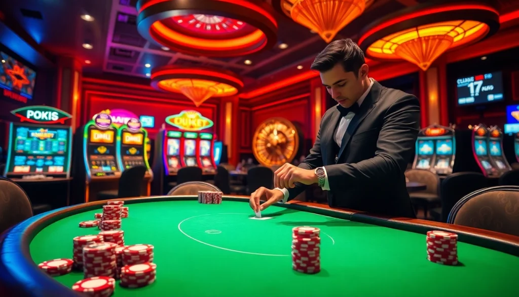 Engage in the thrilling k9k9 game at a vibrant casino with poker chips and slot machines.