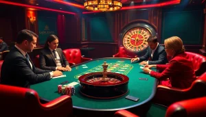 Nohu com players engaging at a luxurious poker table in a vibrant casino atmosphere.