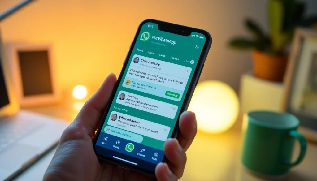 FM WhatsApp features displayed on a smartphone in a modern workspace setting.