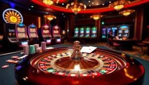 Experience the excitement of SOIBET with vibrant casino elements including roulette, poker chips, and slot machines.