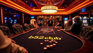 Players engaging at the b52club poker table, showcasing excitement and strategy in a luxurious casino setting.