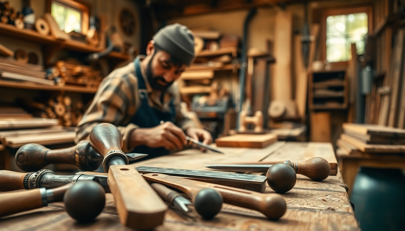 Showcasing high-quality furniture craftsmanship in a skilled artisan's workshop with intricate tools and materials.