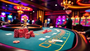 Excited players at an OKFUN COM blackjack table enjoying a thrilling casino experience.