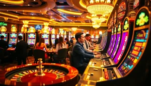 Players celebrating a win at slot777 machines in a vibrant casino atmosphere.