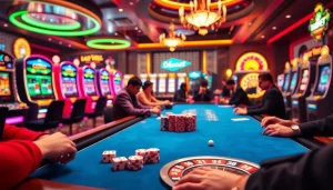 S88vip players engage at a premium casino table with vibrant chips and illuminated slot machines.