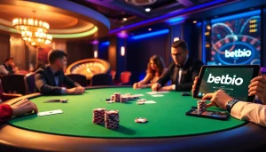 Engaging poker scene showcasing bet88vn.bio with players strategizing, illuminated by soft casino lights.