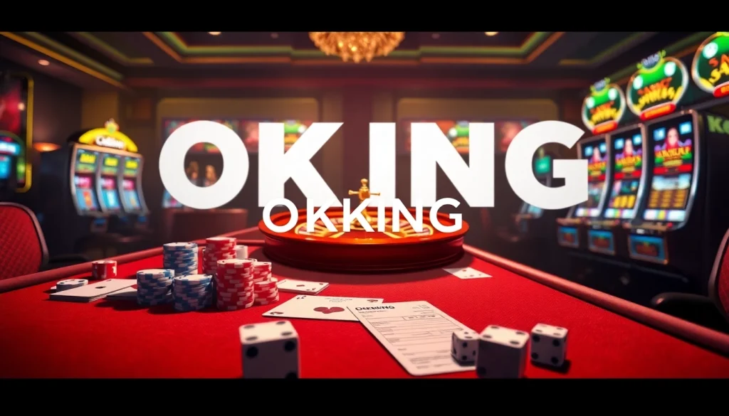 OKKING casino table showcasing vibrant poker chips and cards in an elegant gambling scene.