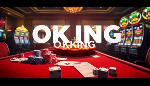 OKKING casino table showcasing vibrant poker chips and cards in an elegant gambling scene.