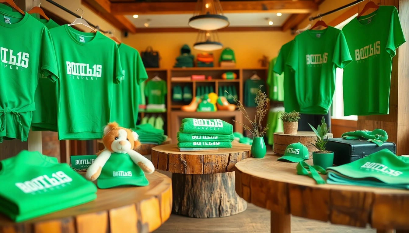 Vibrant display of BOTOL169 trendy green clothing in a warm, inviting setting.